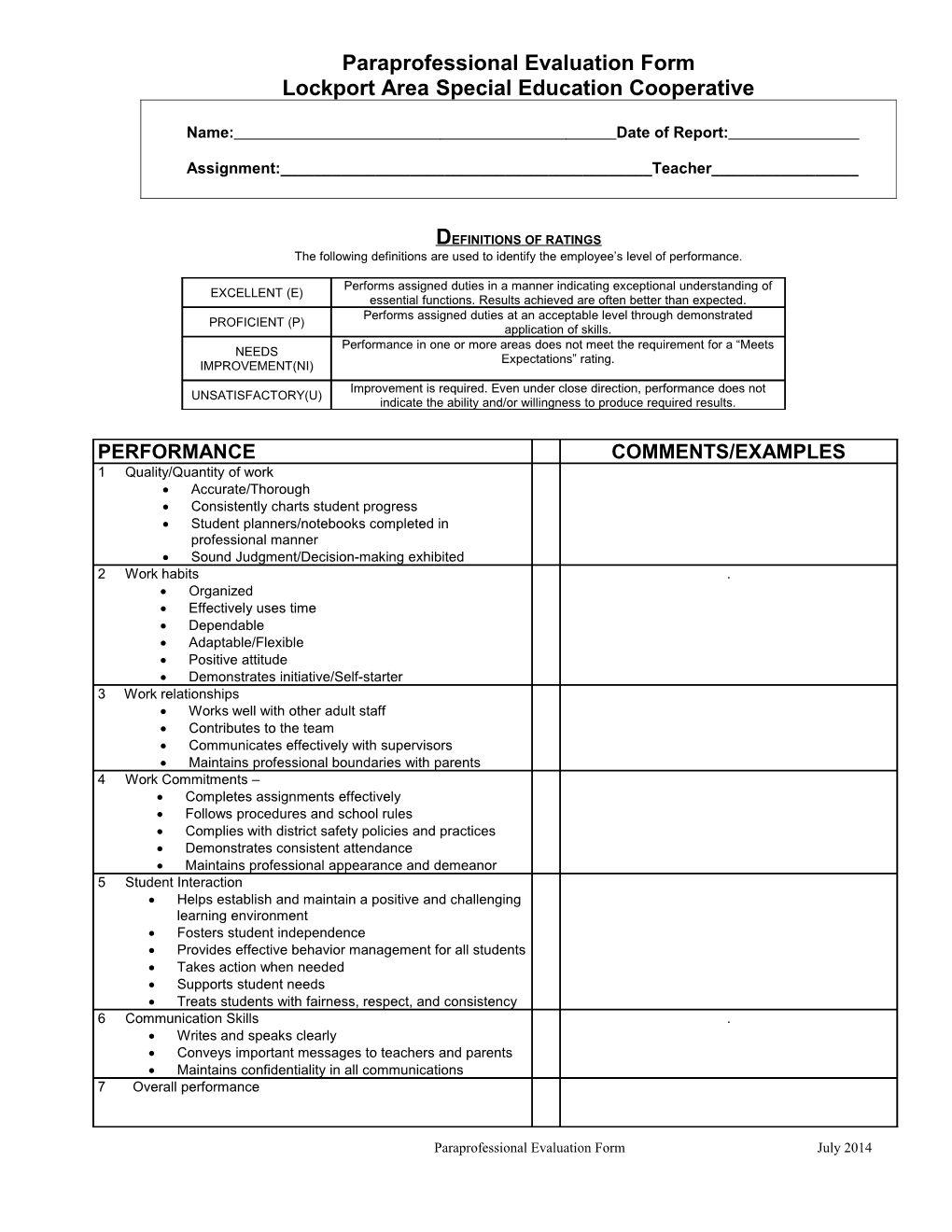 Paraprofessional Evaluation Form