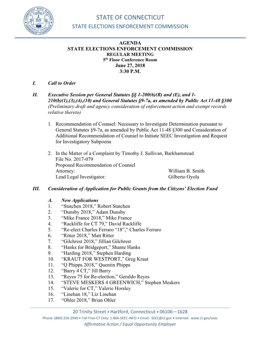 State of Connecticut State Elections Enforcement Commission