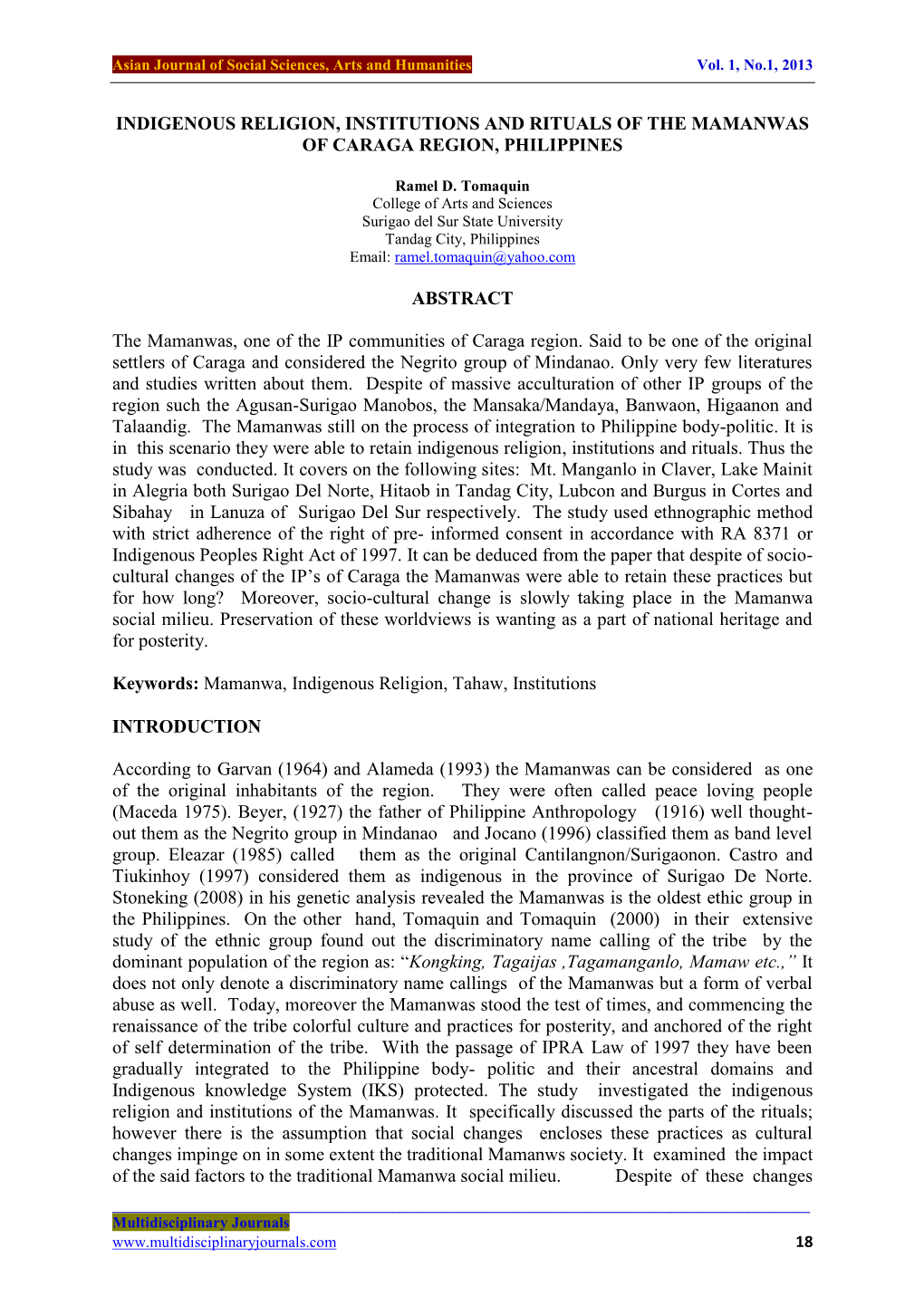 Indigenous Religion, Institutions and Rituals of the Mamanwas of Caraga Region, Philippines