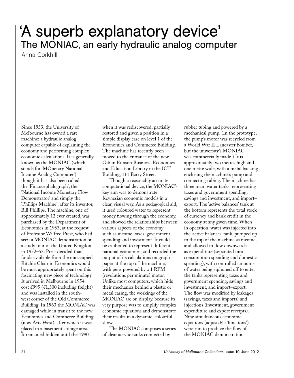 'A Superb Explanatory Device': the MONIAC, an Early Hydraulic Analog Computer