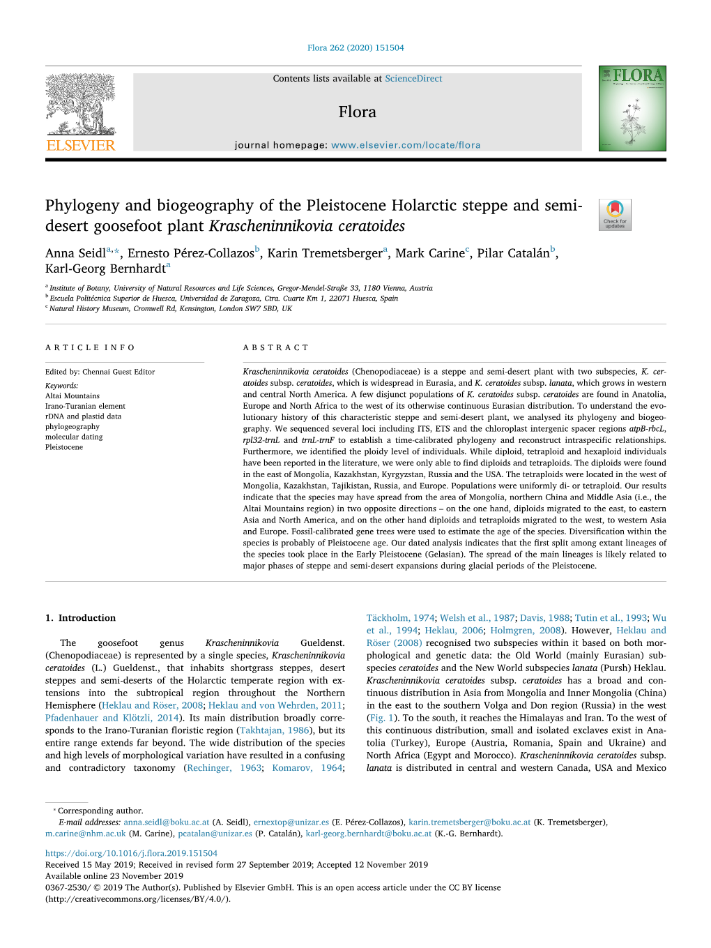 Phylogeny and Biogeography of the Pleistocene Holarctic Steppe and Semi-Desert Goosefoot Plant Krascheninnikovia Ceratoides