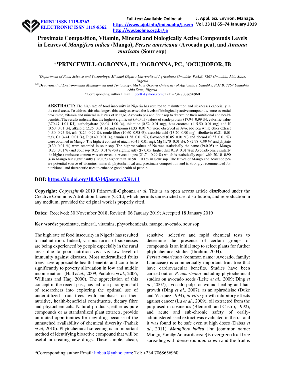 Proximate Composition, Vitamin, Mineral and Biologically Active Compounds Levels in Leaves of Mangifera Indica