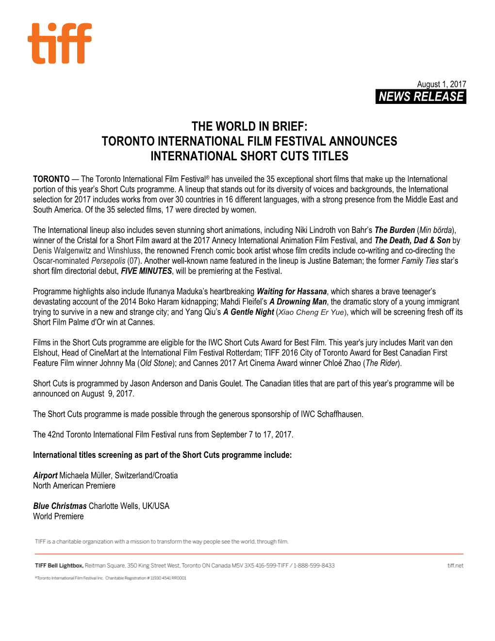 News Release. the World in Brief: Toronto