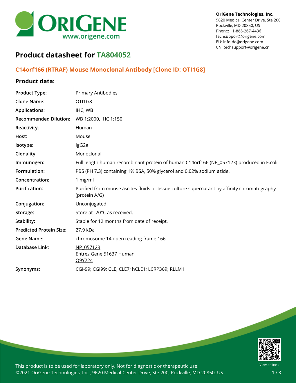 C14orf166 (RTRAF) Mouse Monoclonal Antibody [Clone ID: OTI1G8] Product Data