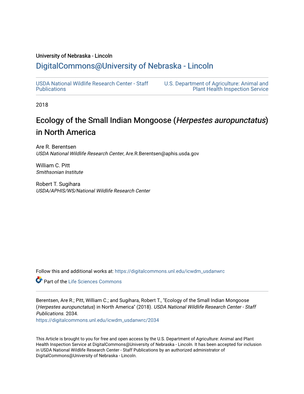 Ecology of the Small Indian Mongoose (Herpestes Auropunctatus) in North America