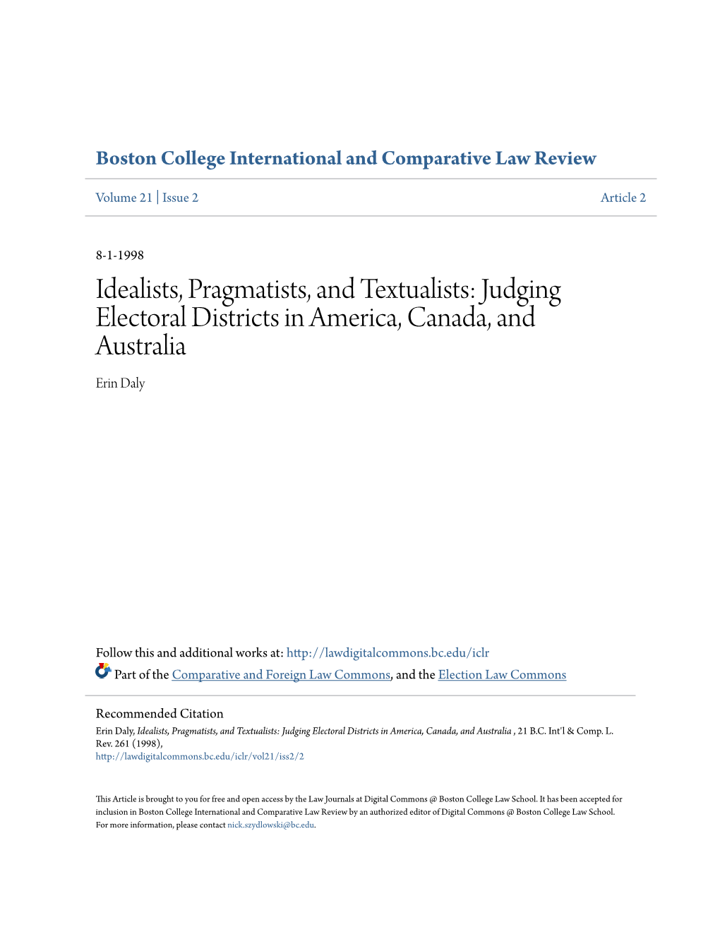 Judging Electoral Districts in America, Canada, and Australia Erin Daly