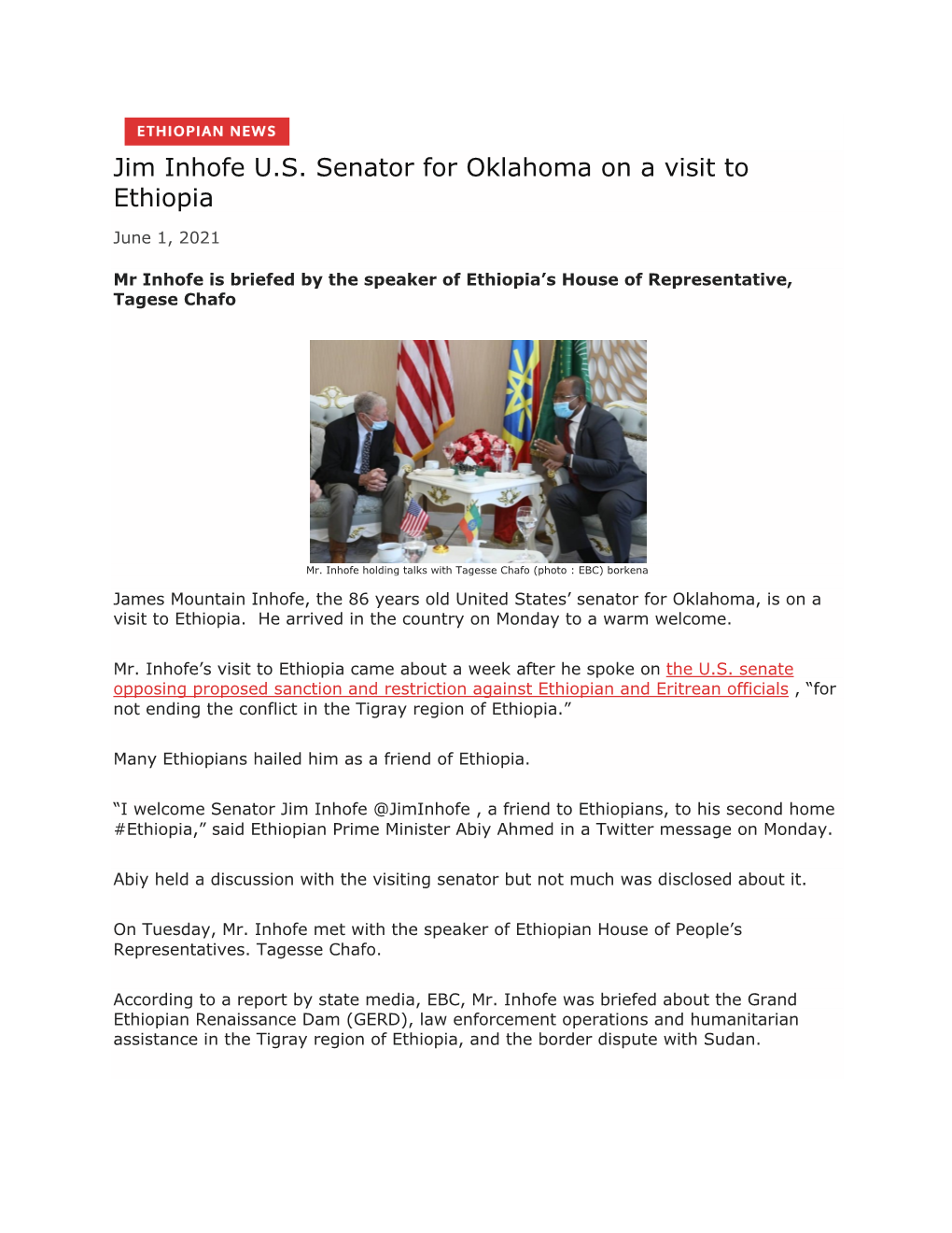 Jim Inhofe U.S. Senator for Oklahoma on a Visit to Ethiopia June 1, 2021