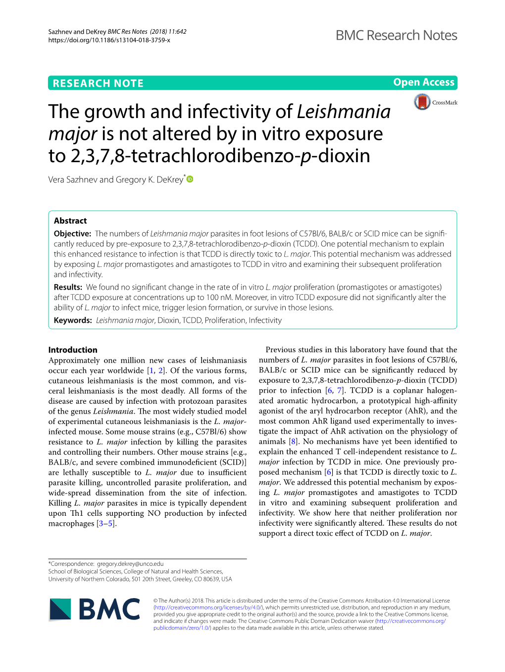 Leishmania Major Is Not Altered by in Vitro Exposure to 2,3,7,8‑Tetrachlorodibenzo‑P‑Dioxin Vera Sazhnev and Gregory K