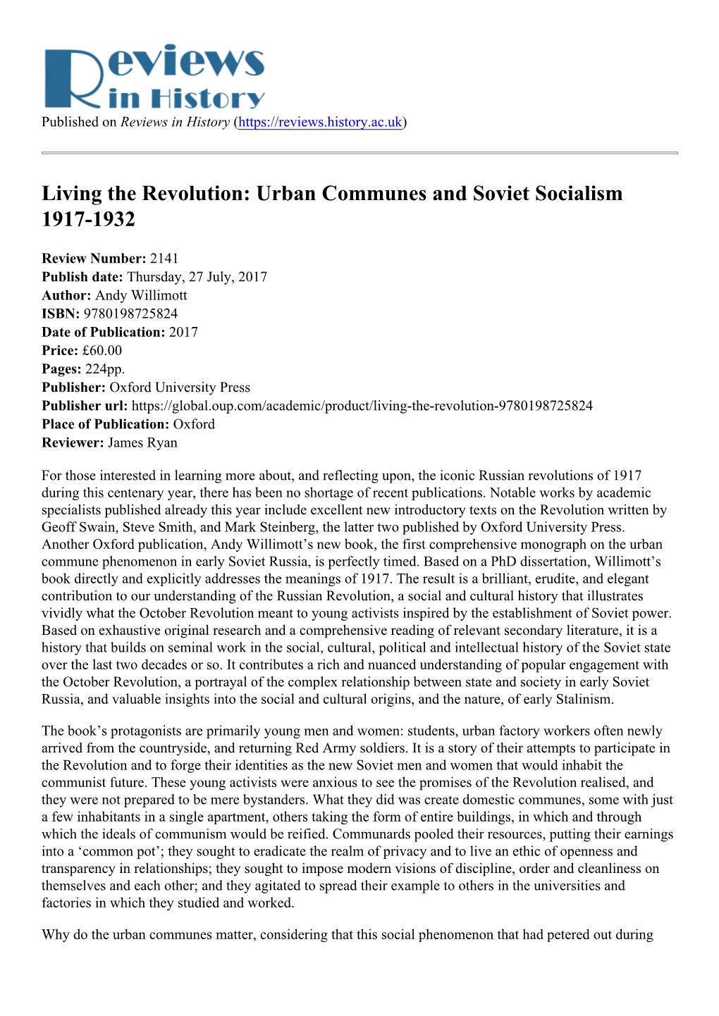 Urban Communes and Soviet Socialism 1917-1932