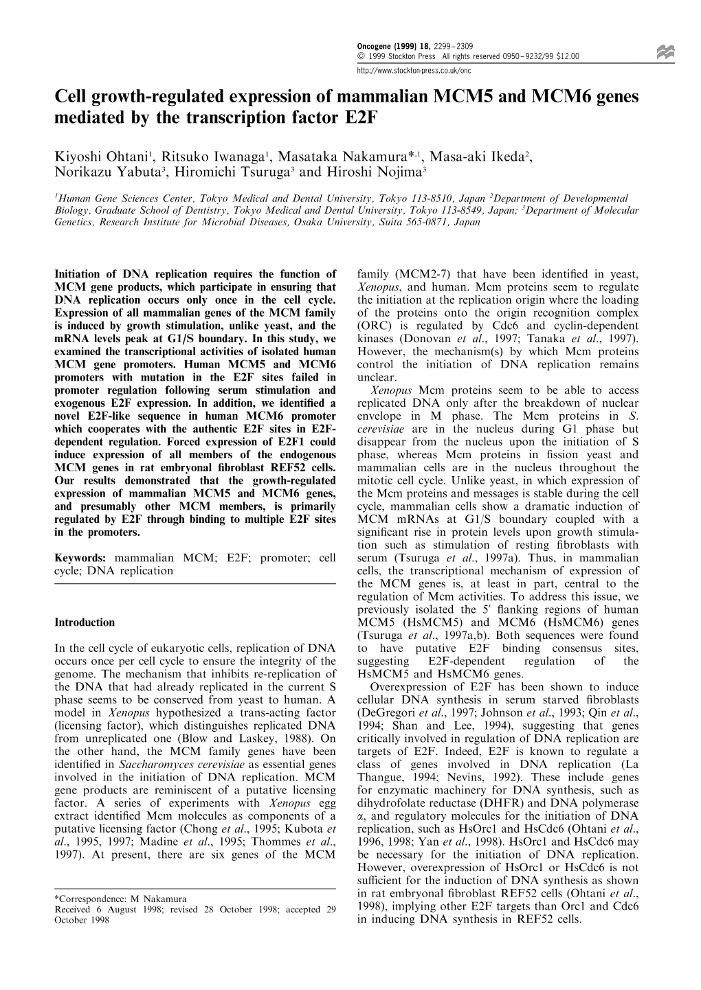 Cell Growth-Regulated Expression of Mammalian MCM5 and MCM6 Genes Mediated by the Transcription Factor E2F