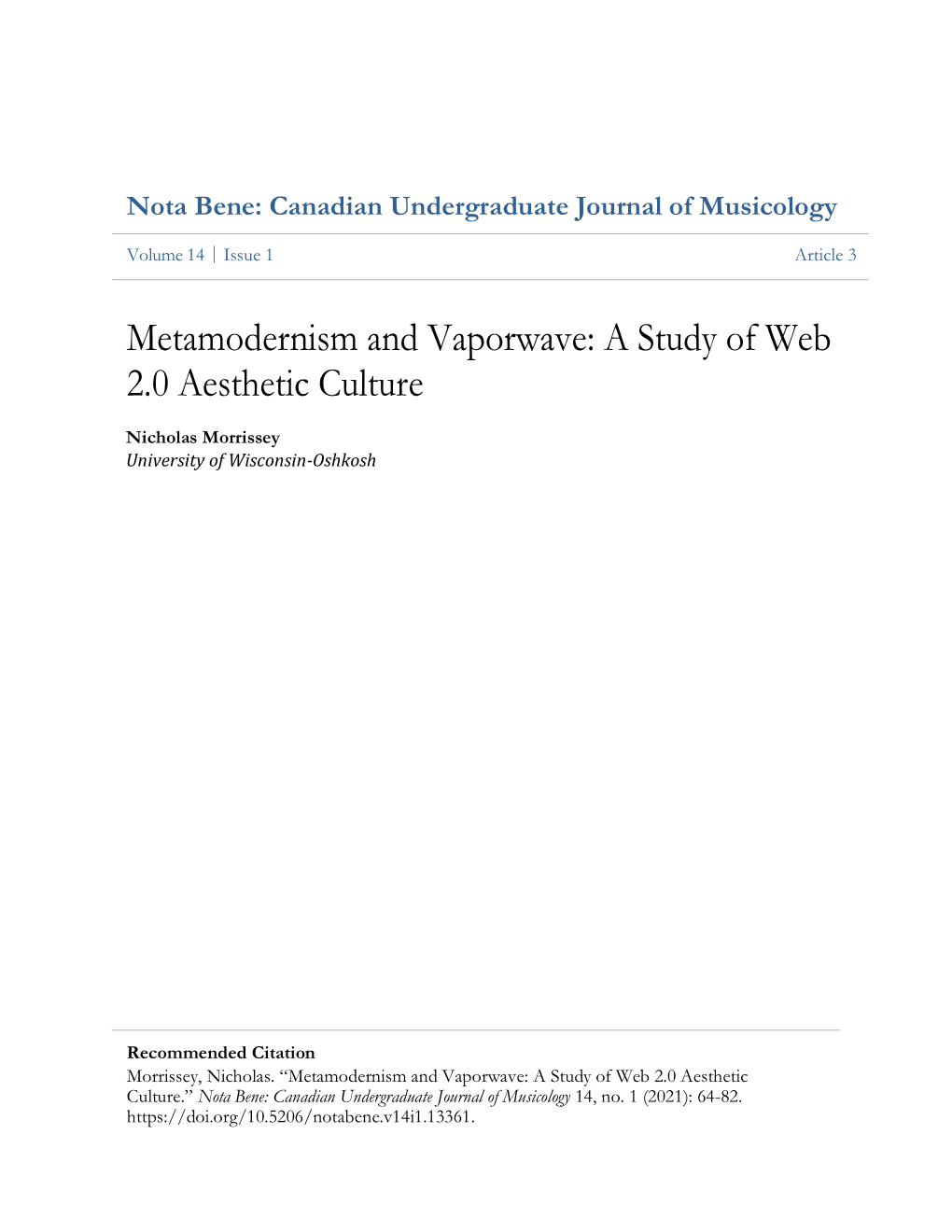 Metamodernism and Vaporwave: a Study of Web 2.0 Aesthetic Culture