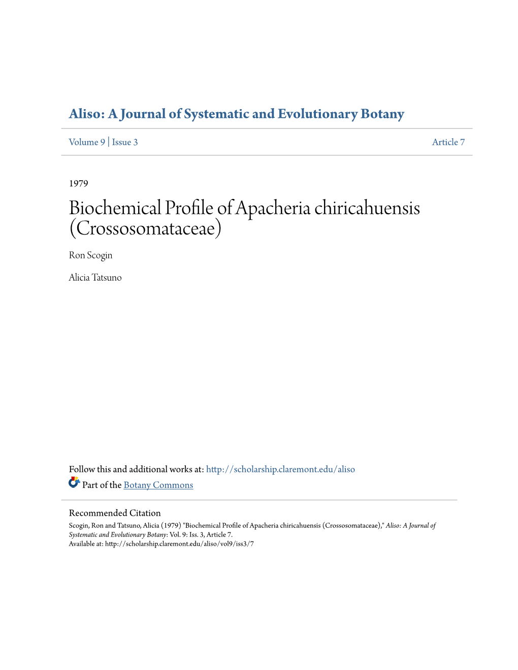 Biochemical Profile of Apacheria Chiricahuensis (Crossosomataceae) Ron Scogin