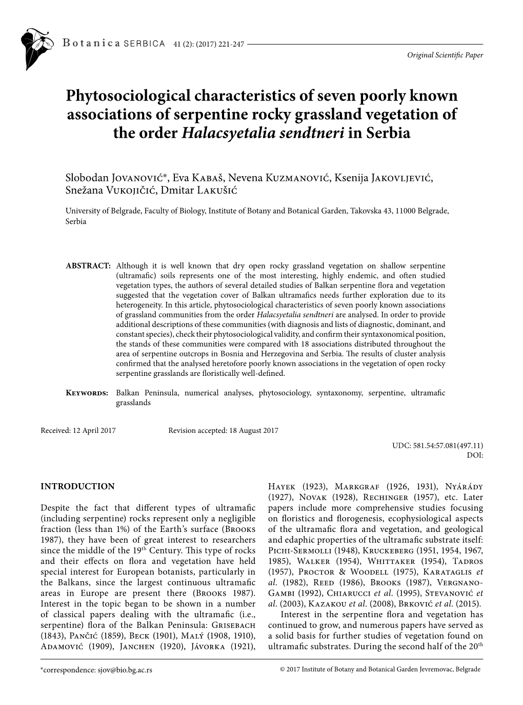 Phytosociological Characteristics of Seven Poorly Known Associations of Serpentine Rocky Grassland Vegetation of the Order Halacsyetalia Sendtneri in Serbia