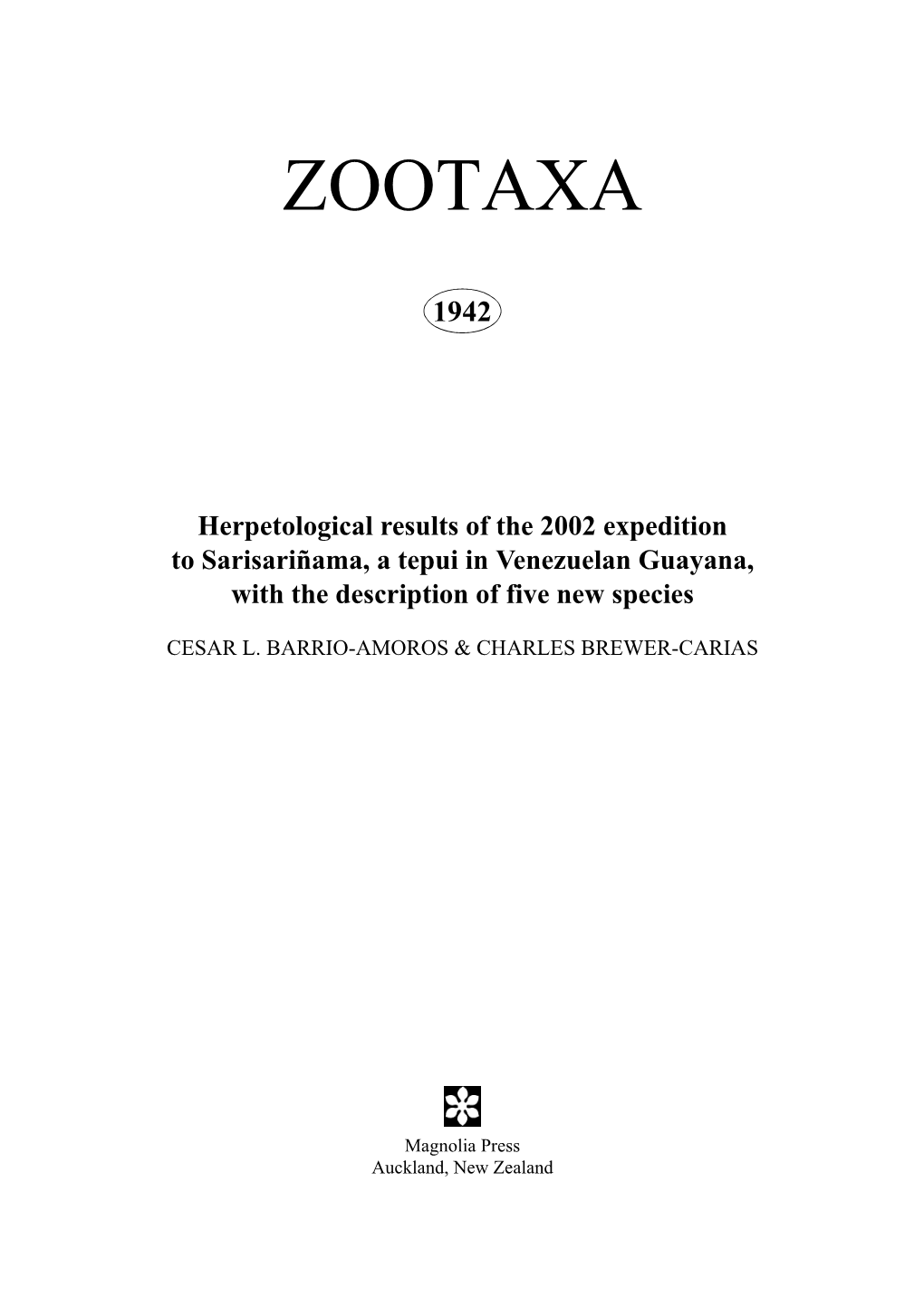 Zootaxa, Herpetological Results of the 2002 Expedition to Sarisarinama, A