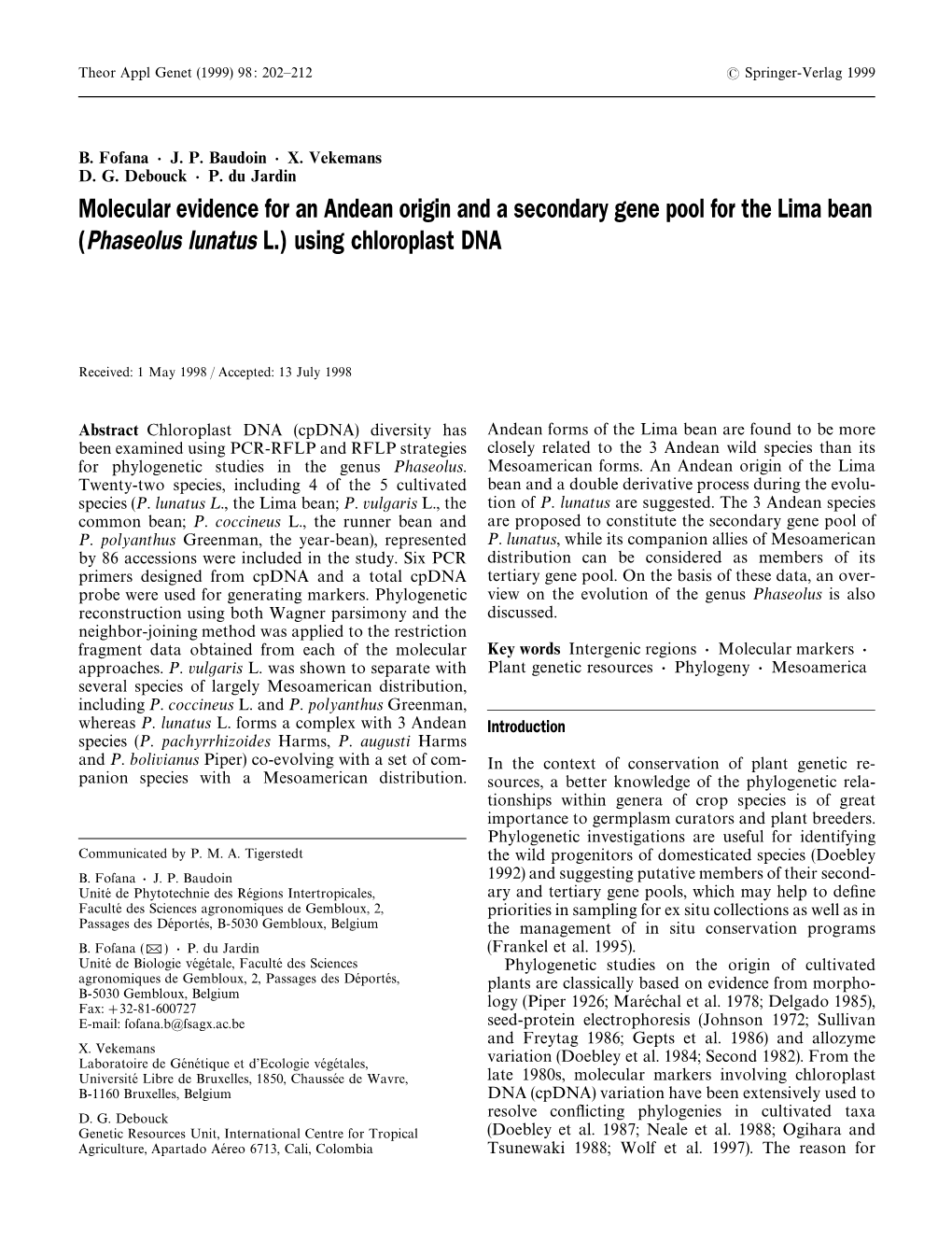 (Phaseolus Lunatus L.) Using Chloroplast DNA