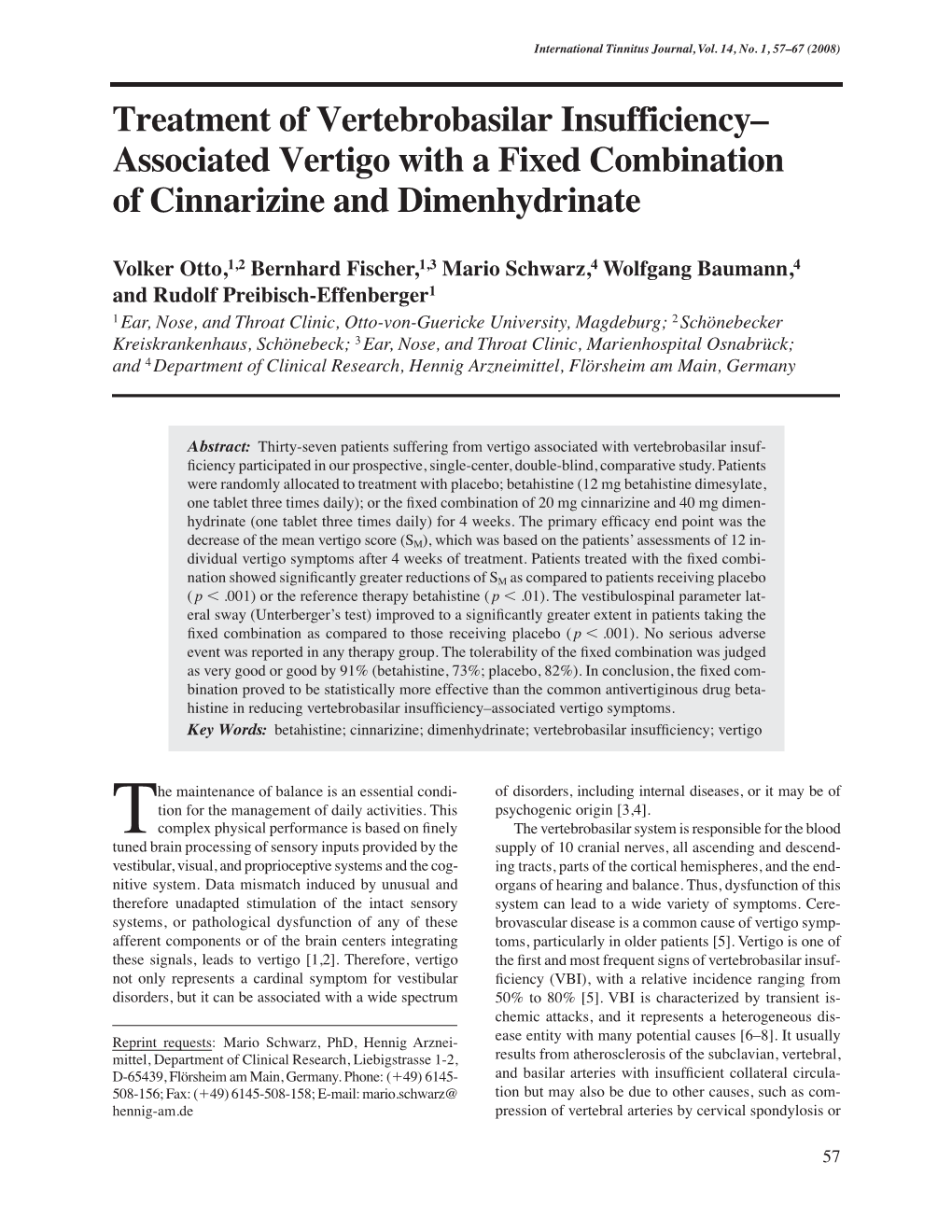 Treatment of Vertebrobasilar Insufficiency– Associated Vertigo with a Fixed Combination of Cinnarizine and Dimenhydrinate