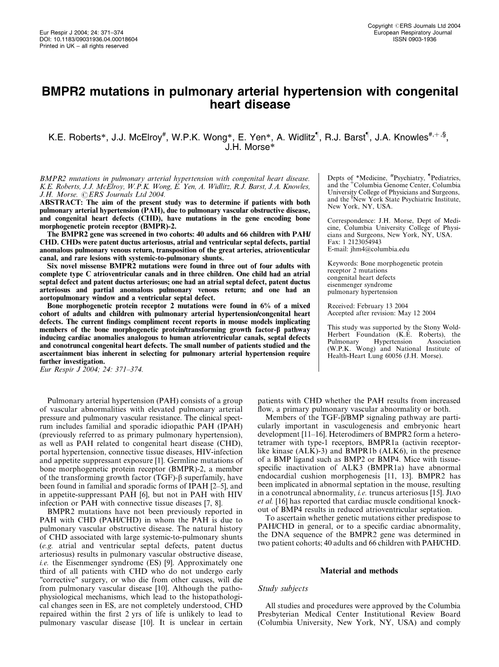 BMPR2 Mutations in Pulmonary Arterial Hypertension with Congenital Heart Disease