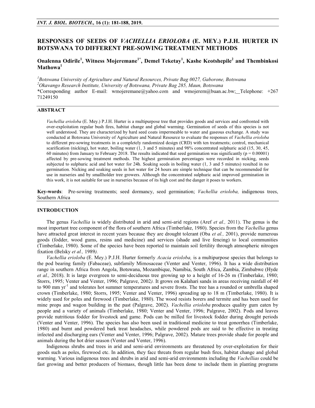 Responses of Seeds of Vachellia Erioloba (E. Mey.) P.J.H