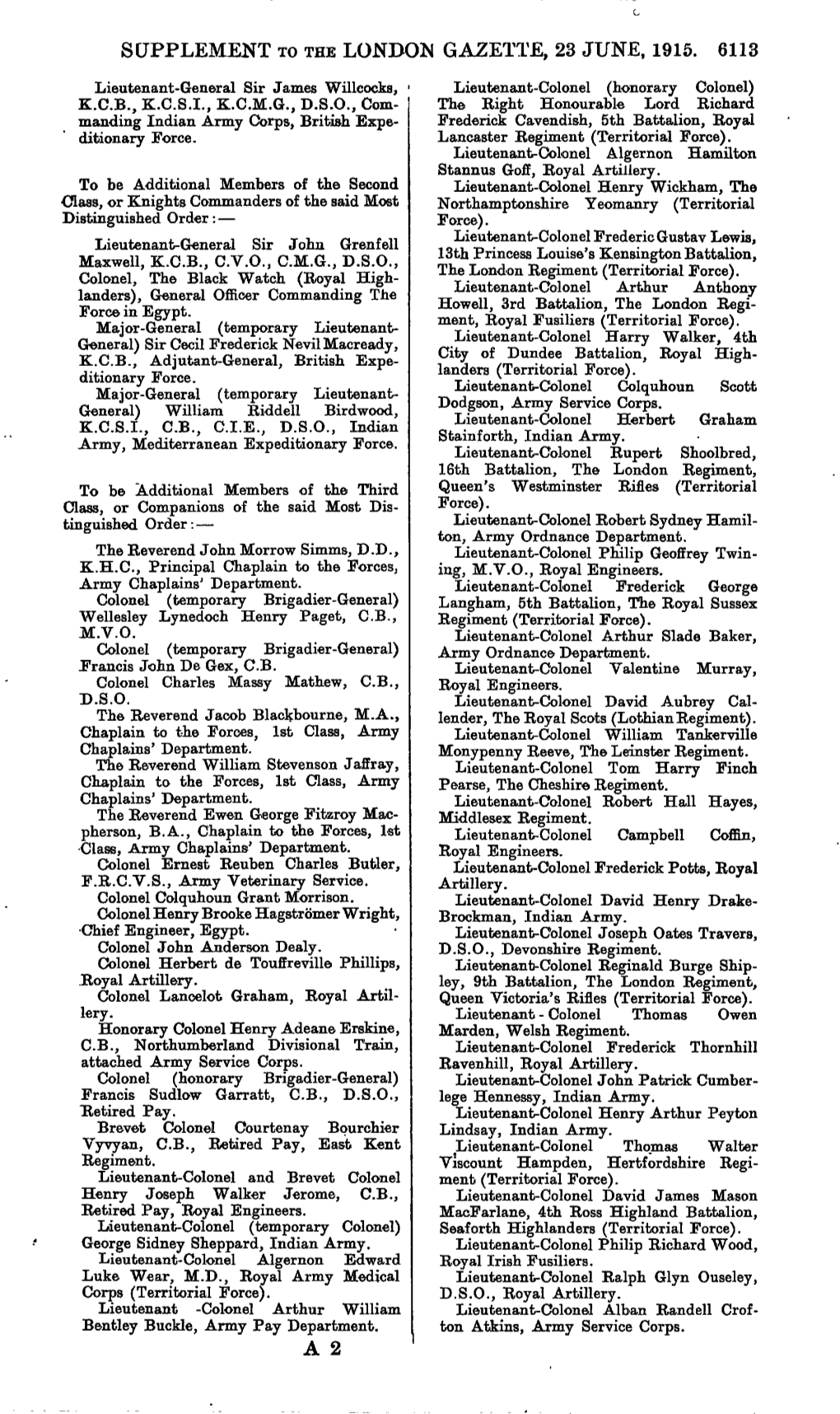Supplement to the Londom Gazette, 23 June, 1915. 6113