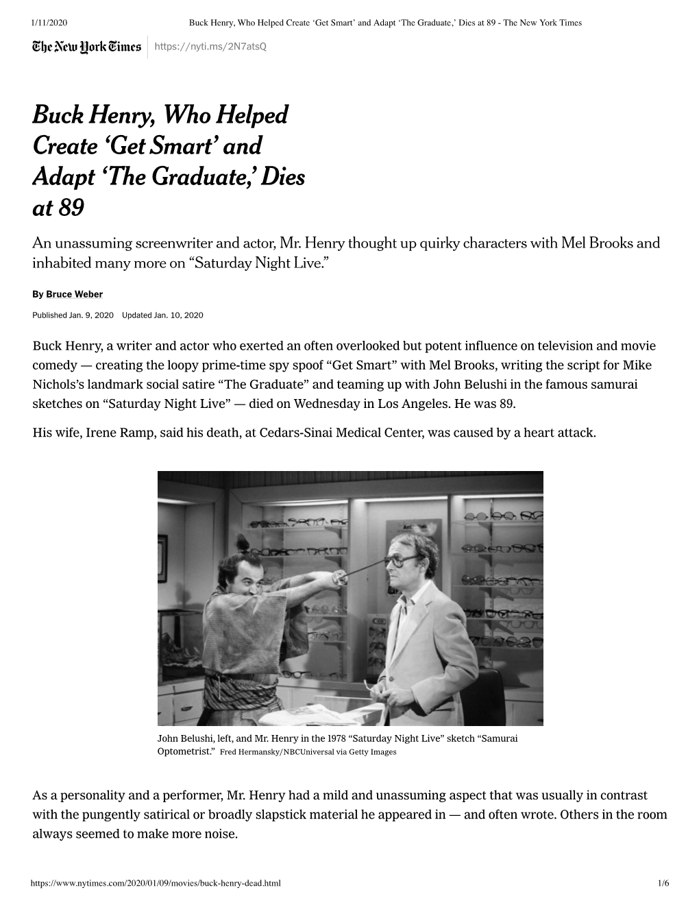 Buck Henry, Who Helped Create ʻget Smartʼ and Adapt ʻthe Graduate,ʼ Dies at 89 an Unassuming Screenwriter and Actor, Mr