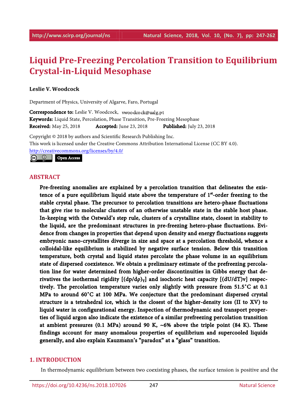 Liquid Pre-Freezing Percolation Transition to Equilibrium Crystal-In-Liquid Mesophase