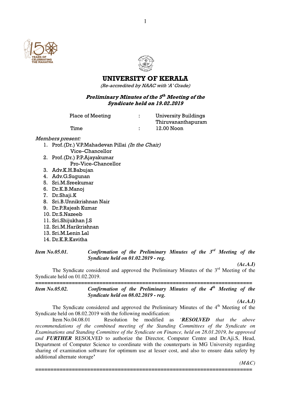 Preliminary Minutes of the 5Th Meeting of the Syndicate Held on 19.02.2019