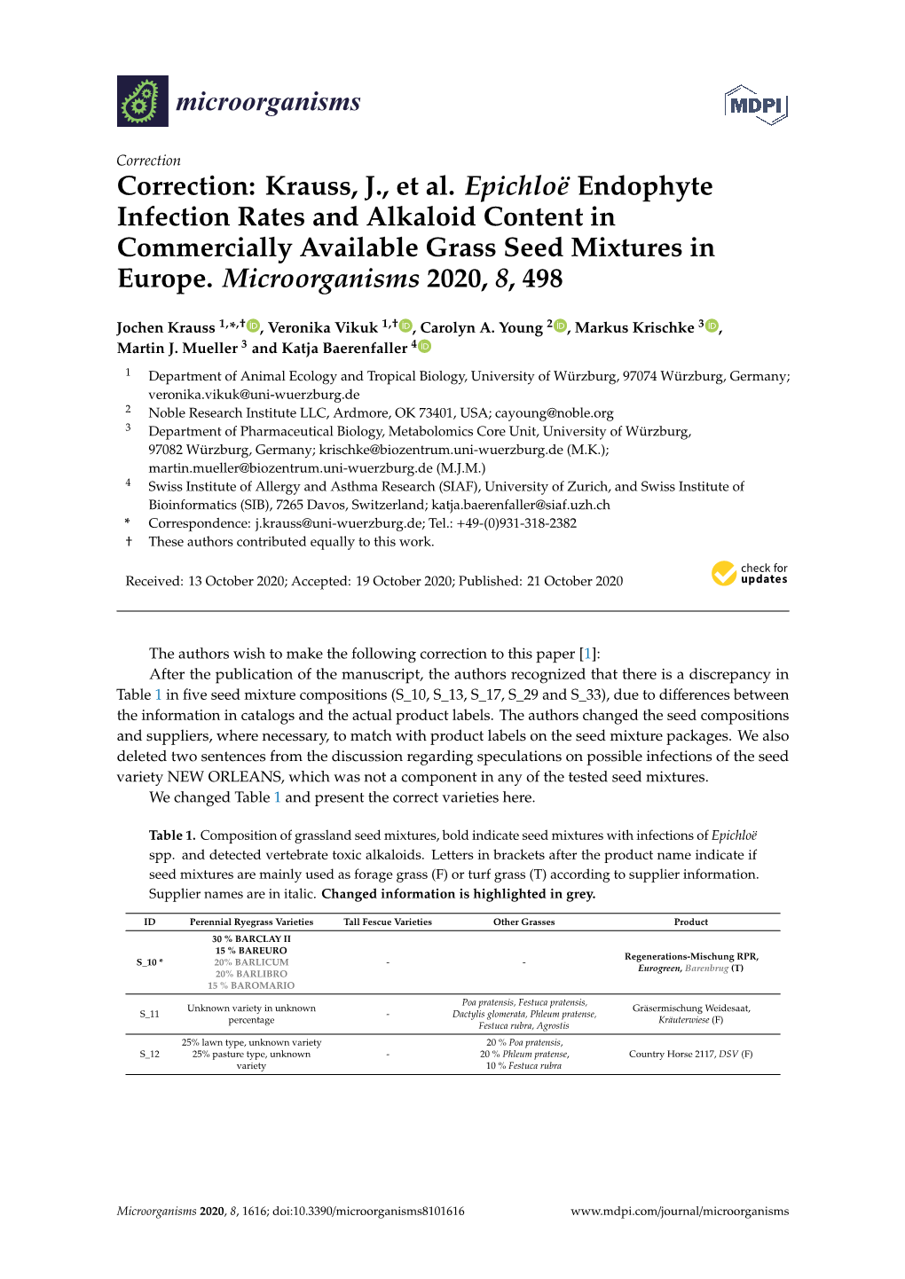 Krauss, J., Et Al. Epichloë Endophyte Infection Rates and Alkaloid Content in Commercially Available Grass Seed Mixtures in Europe