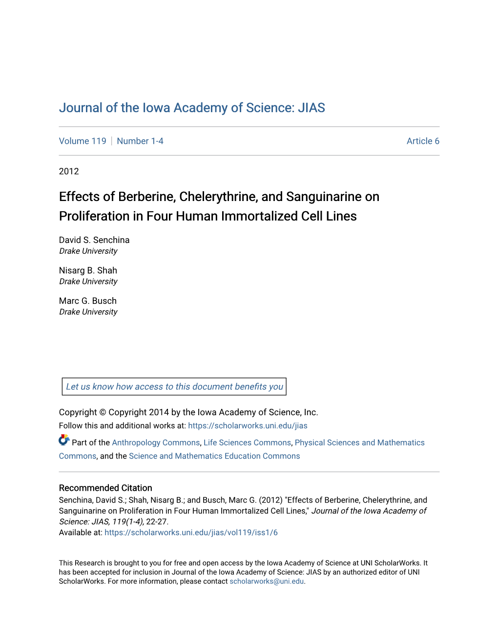 Effects of Berberine, Chelerythrine, and Sanguinarine on Proliferation in Four Human Immortalized Cell Lines