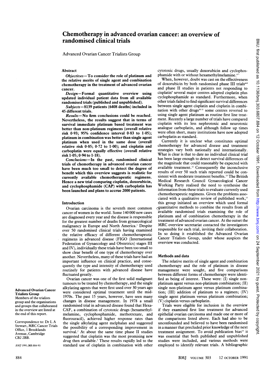 Chemotherapy in Advanced Ovarian Cancer: an Overview of Randomised Clinical Trials BMJ: First Published As 10.1136/Bmj.303.6807.884 on 12 October 1991