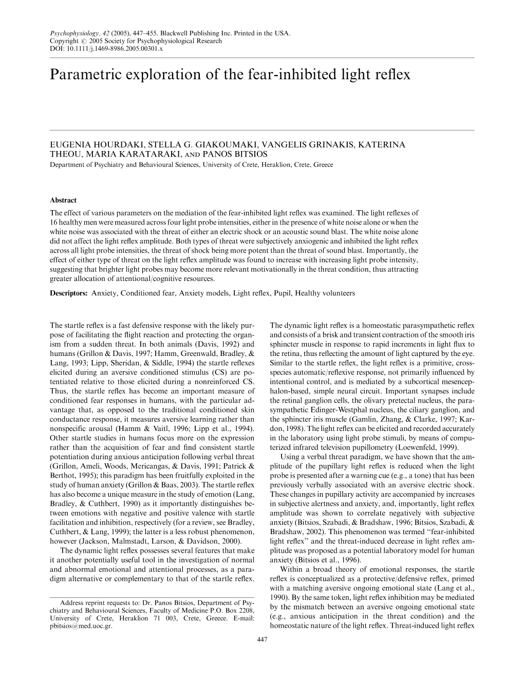 Parametric Exploration of the Fear-Inhibited Light Reflex