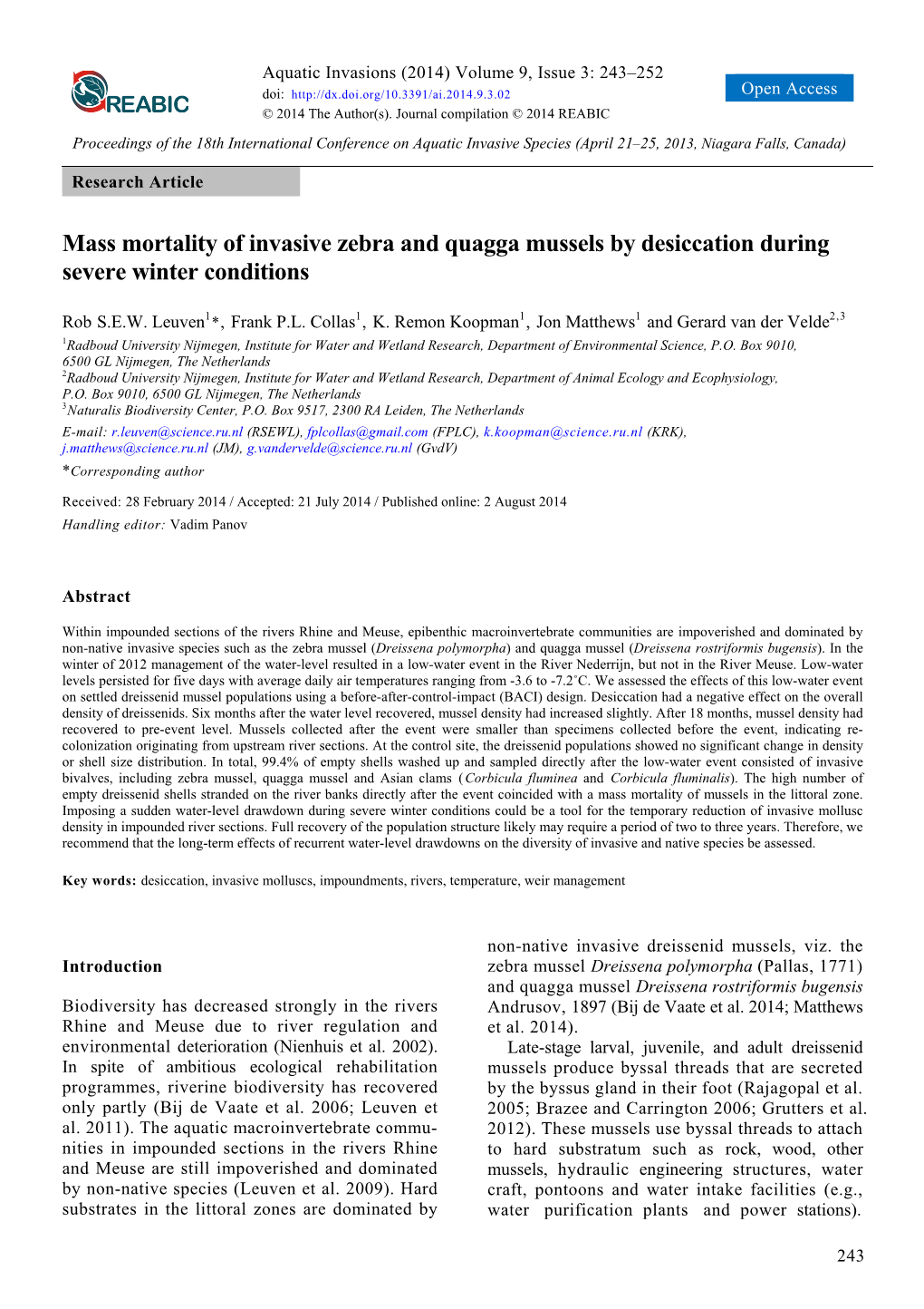 Mass Mortality of Invasive Zebra and Quagga Mussels by Desiccation During Severe Winter Conditions