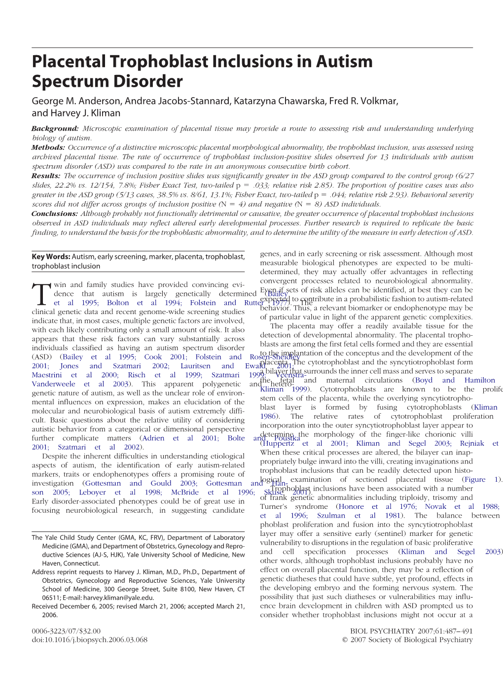 Placental Trophoblast Inclusions in Autism Spectrum Disorder George M