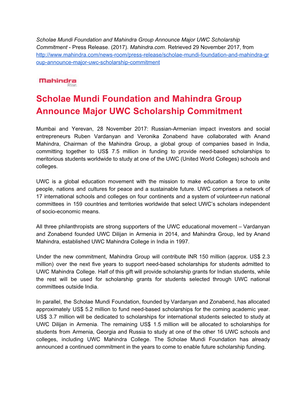 Scholae​ ​Mundi​ ​Foundation​ ​And​ ​Mahindra