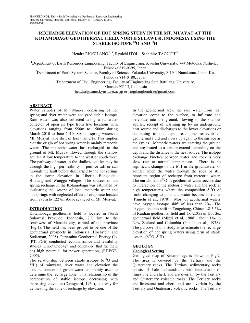 Recharge Elevation of Hot Spring Study in the Mt. Muayat at the Kotamobagu Geothermal Field, North Sulawesi, Indonesia Using the Stable Isotope 18O and 2H