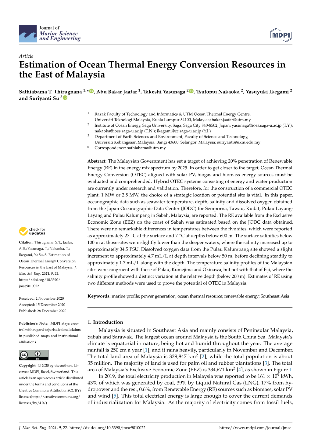 Estimation of Ocean Thermal Energy Conversion Resources in the East of Malaysia