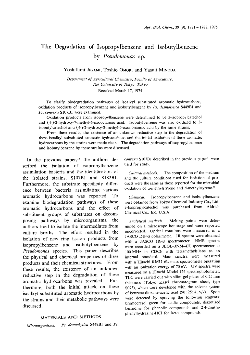 The Degradation of Isopropylbenzene and Isobutylbenze Ne by Pseudomonas Sp