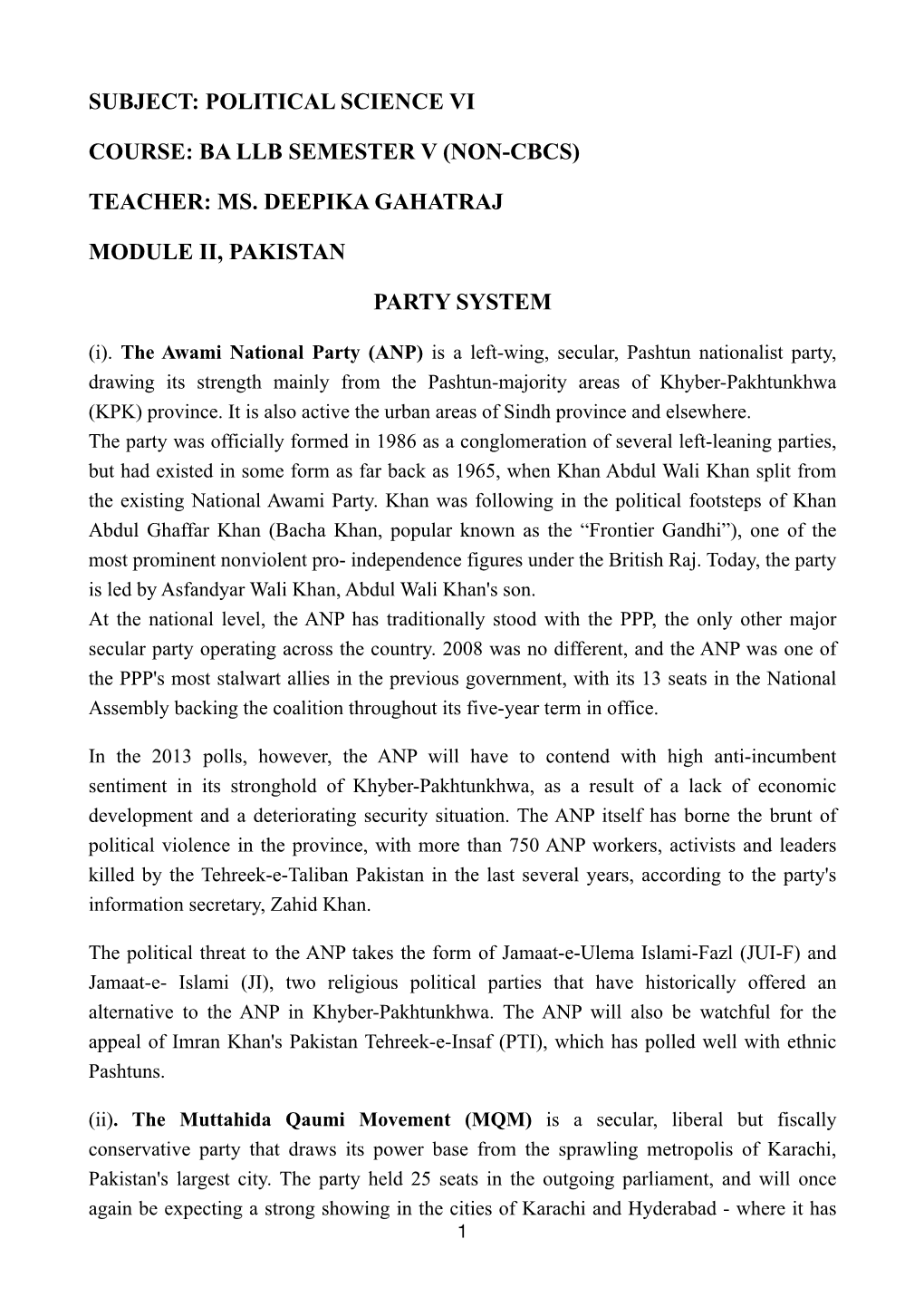 Pakistan- Party System