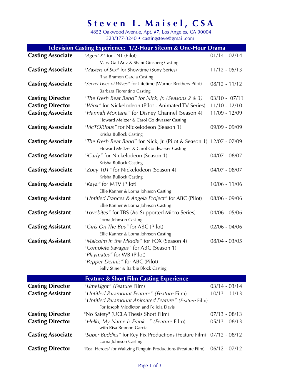 Steve Maisel Casting Resume 4-2014.Xlsx