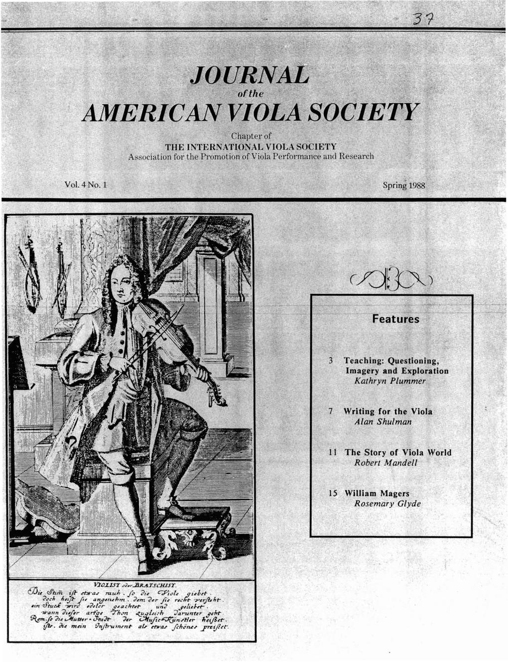 Journal of the American Viola Society Volume 4 No. 1, Spring 1988