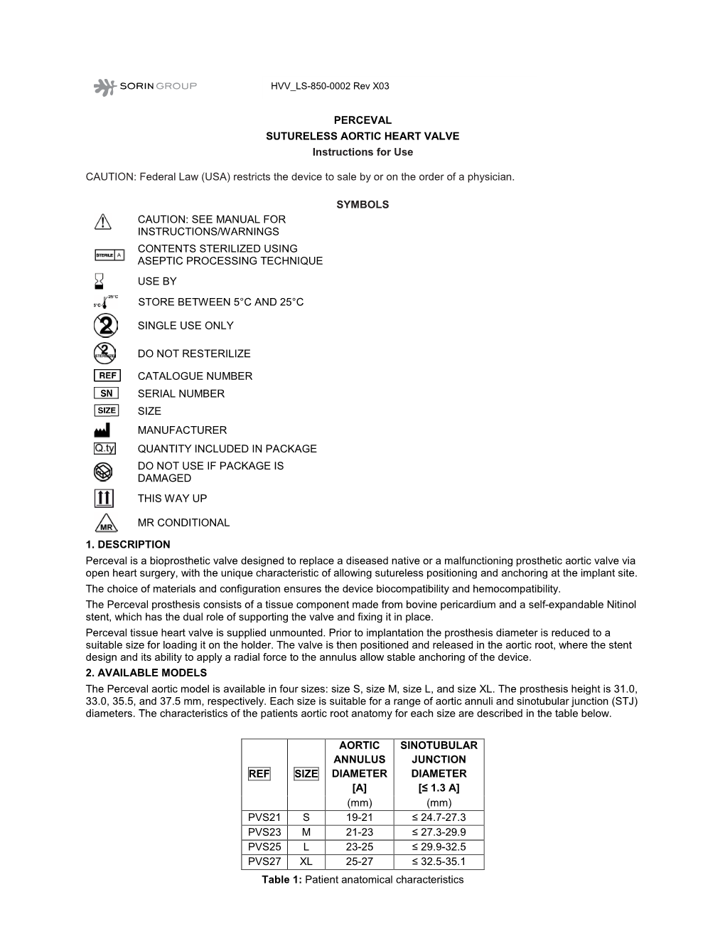 PERCEVAL SUTURELESS AORTIC HEART VALVE Instructions for Use