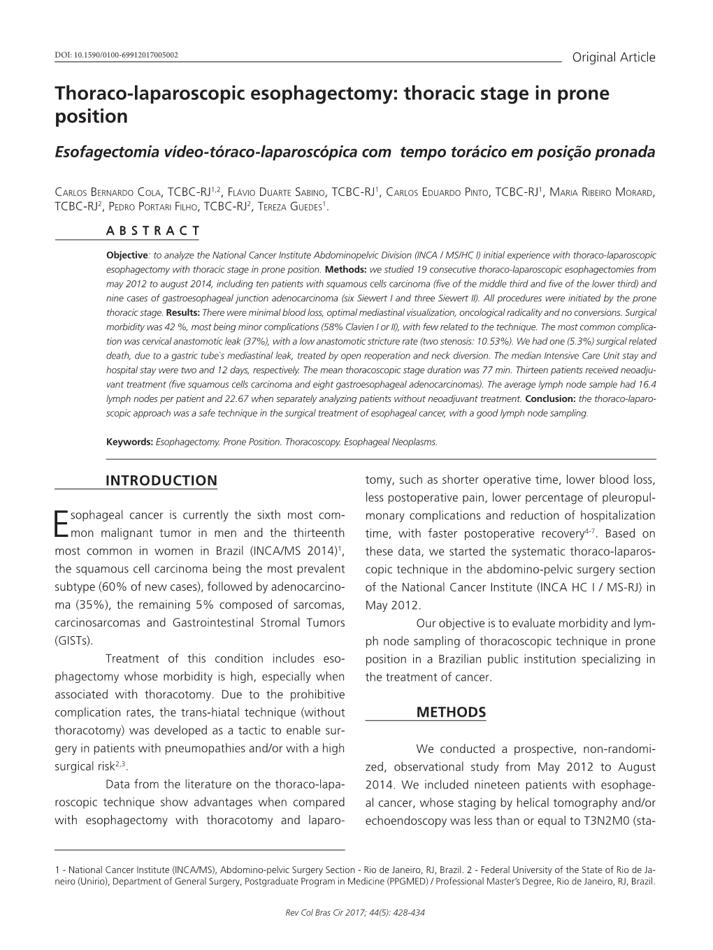 Thoraco-Laparoscopic Esophagectomy: Thoracic Stage in Prone Position