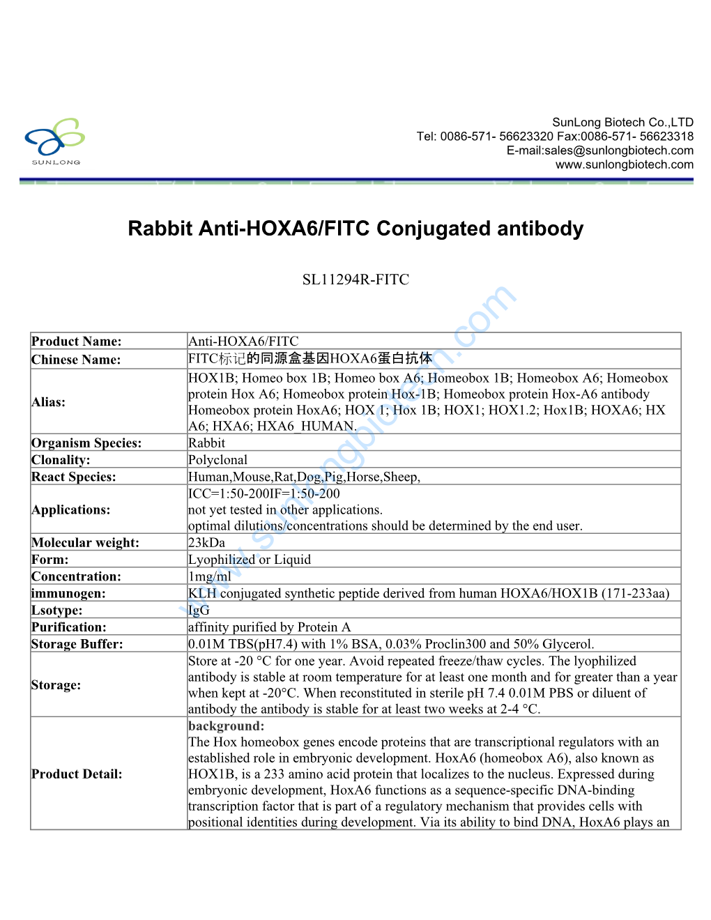Rabbit Anti-HOXA6/FITC Conjugated Antibody