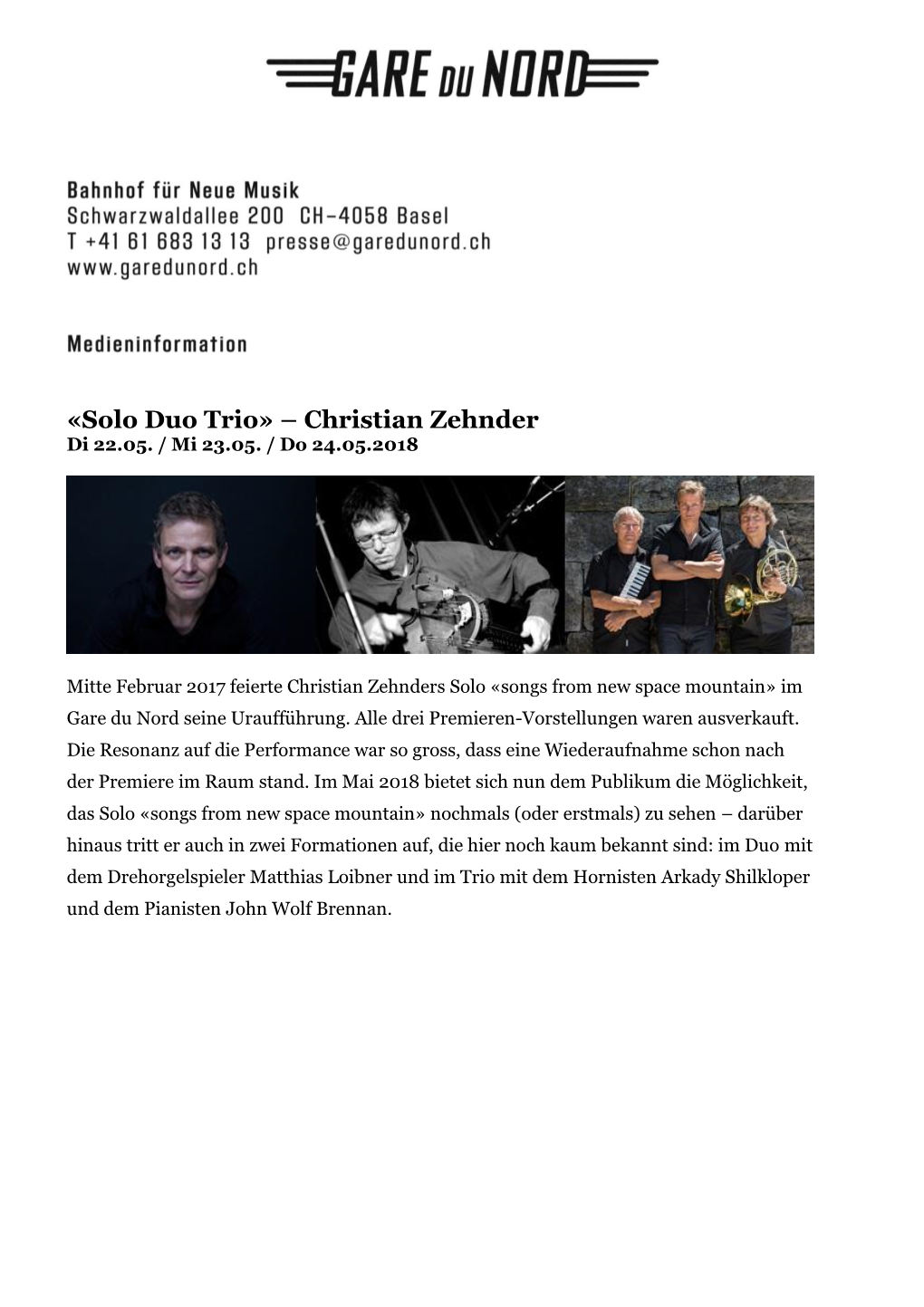 «Solo Duo Trio» – Christian Zehnder Di 22.05