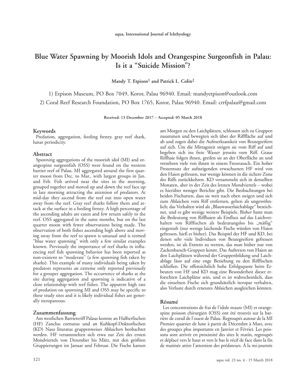 Blue Water Spawning by Moorish Idols and Orangespine Surgeonfish in Palau: Is It a “Suicide Mission”?