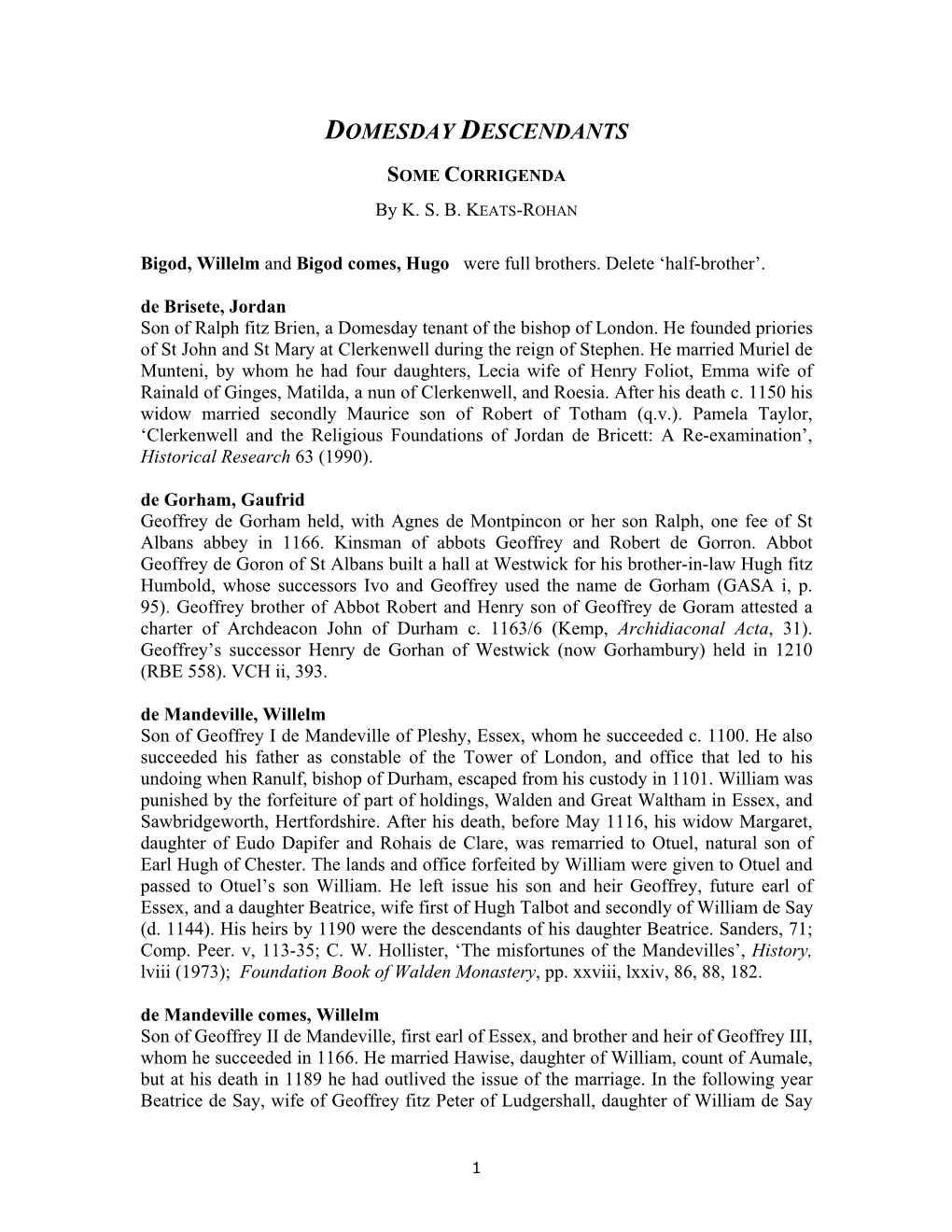 Corrections to Domesday Descendants As Discussed by the Society/Genealogy/Medieval Newsgroup