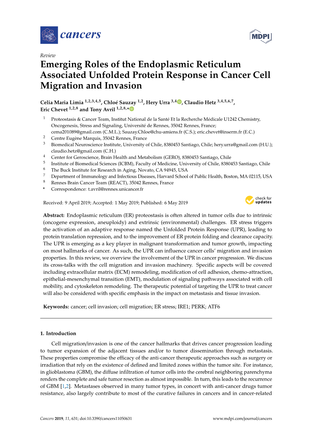 Emerging Roles of the Endoplasmic Reticulum Associated Unfolded Protein Response in Cancer Cell Migration and Invasion