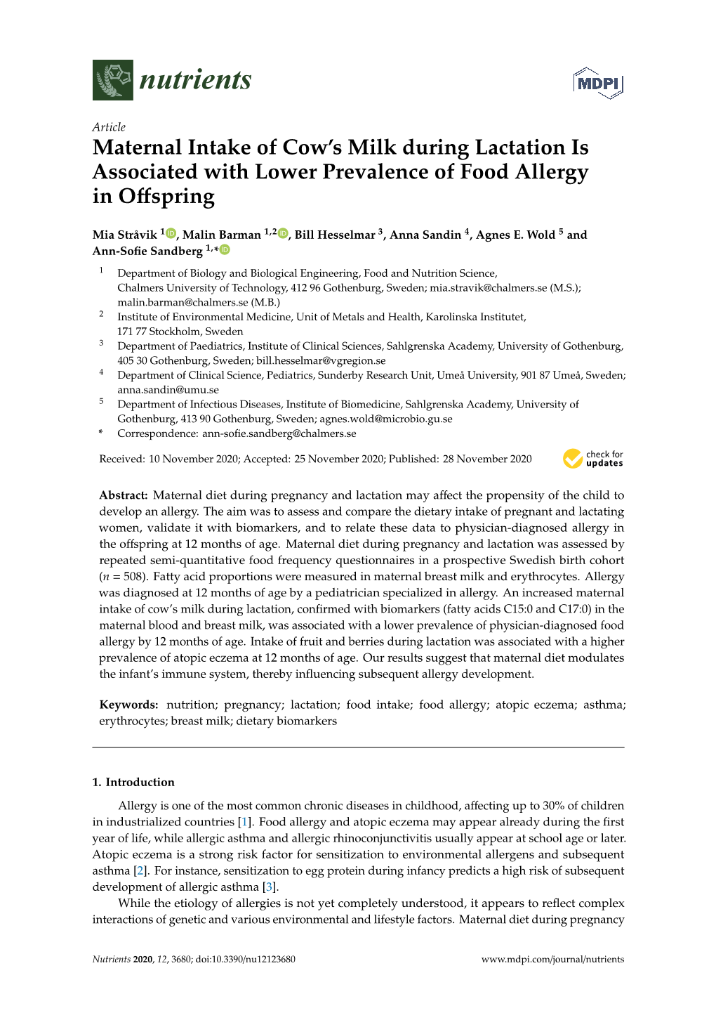 Maternal Intake of Cow's Milk During Lactation Is Associated with Lower