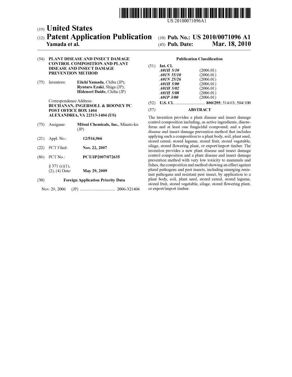 (12) Patent Application Publication (10) Pub. No.: US 2010/0071096 A1 Yamada Et Al