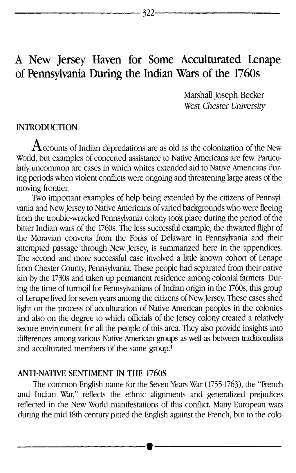 A New Jersey Haven for Some Acculturated Lenape of Pennsylvania During the Indian Wars of the 1760S