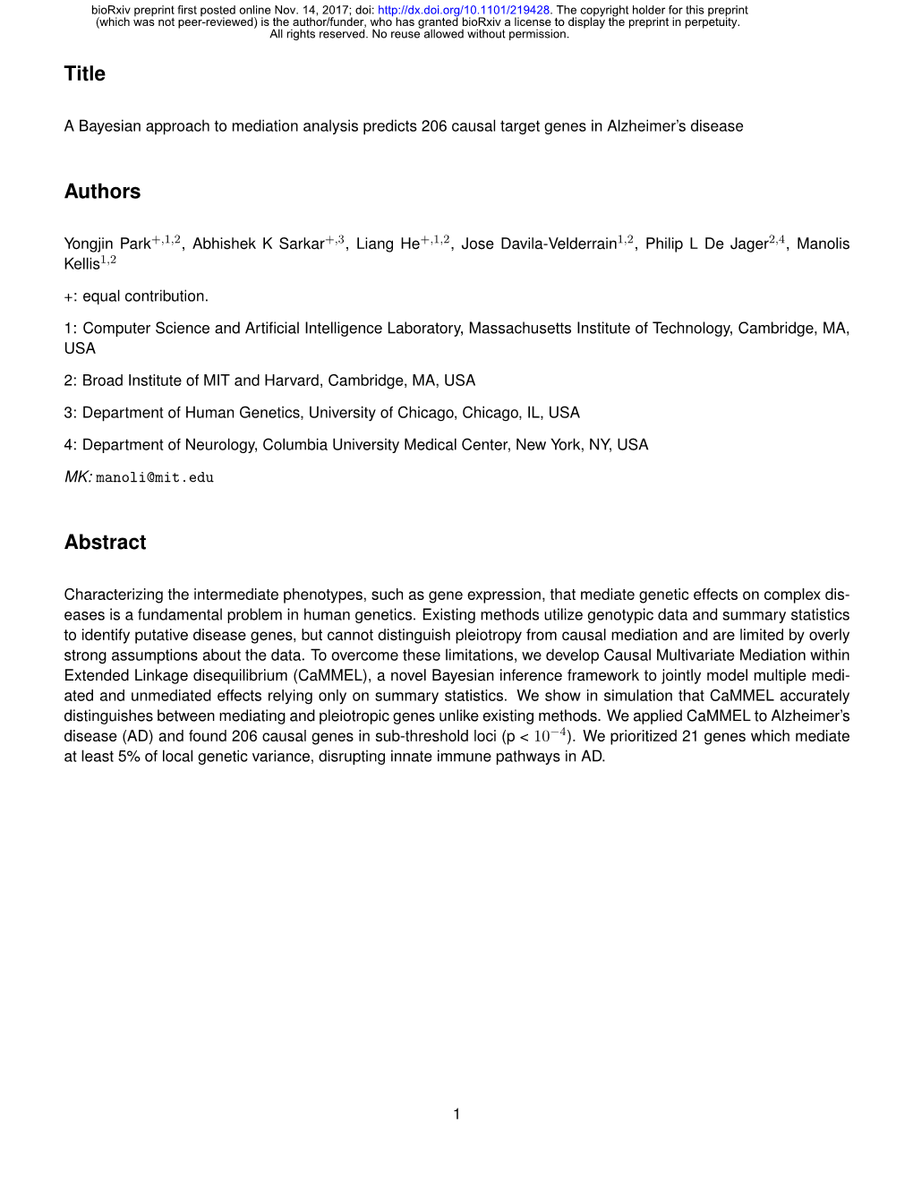 A Bayesian Approach to Mediation Analysis Predicts 206 Causal Target Genes in Alzheimer’S Disease